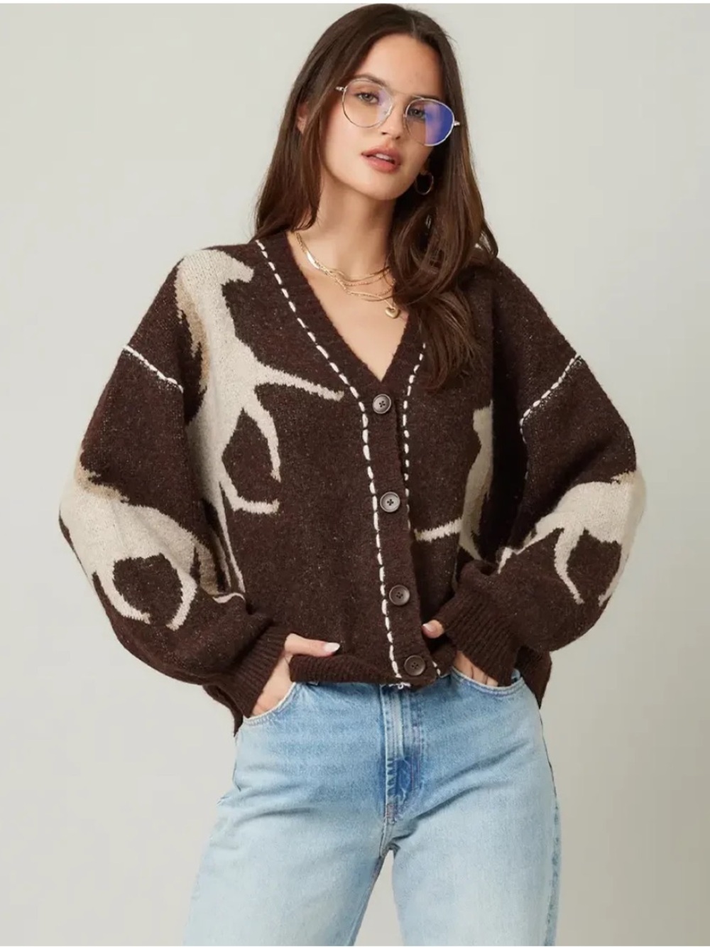 Illa Illa Cozy Brown horse Pattern V-Neck Button Cardigan Sweater